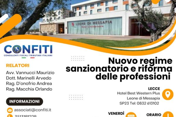 7 Novembre Lecce: EVENTO FORMATIVO IN PRESENZA "NUOVO REGIME SANZIONATORIO E RIFORMA DELLE PROFESSIONI"