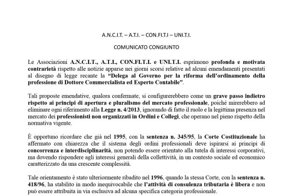 A.N.C.I.T. – A.T.I. – CON.FI.T.I – UNI.T.I. COMUNICATO CONGIUNTO